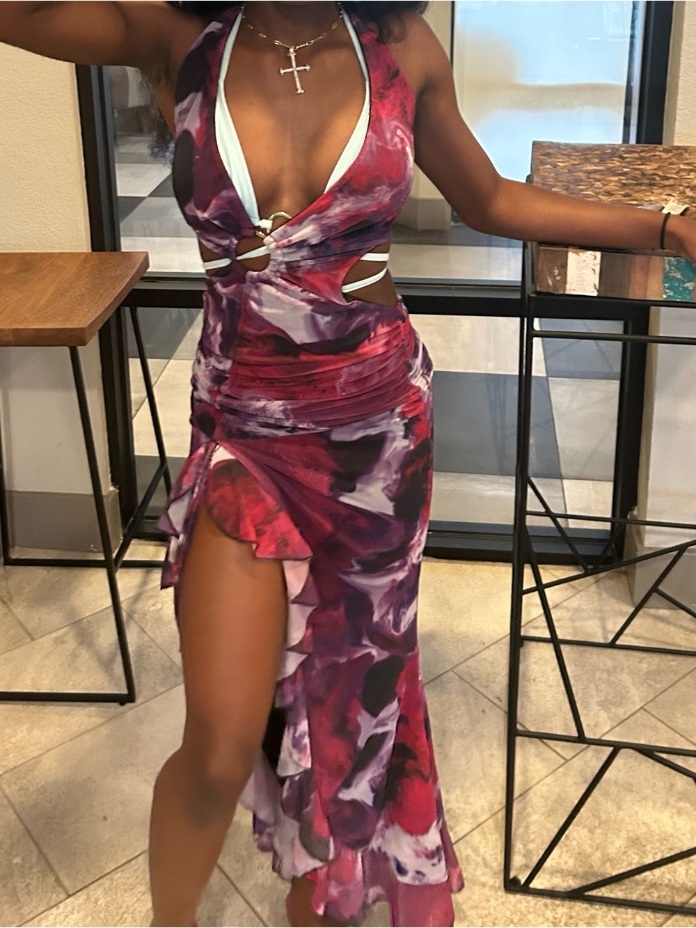 High-Low Halter Cutout Dress in Magenta Watercolor